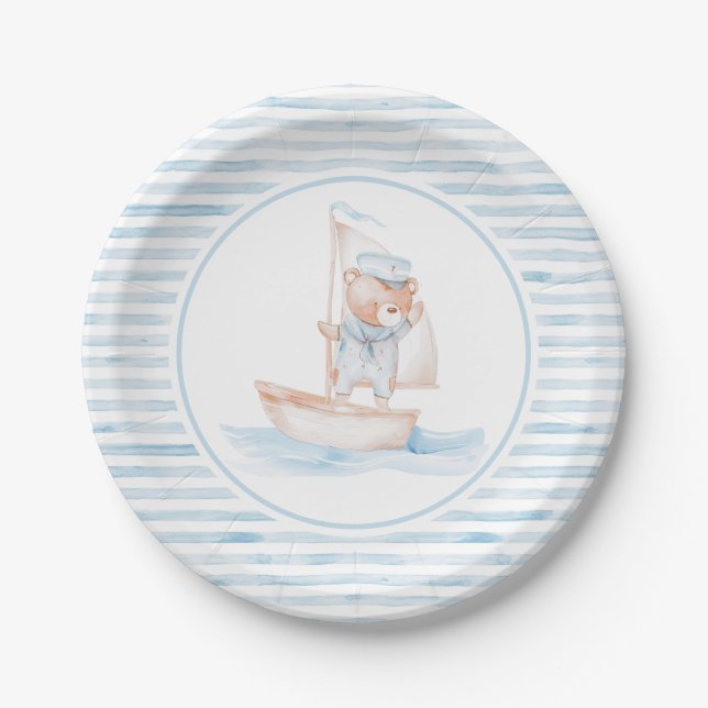 Plato De Papel Sailor Bear Blue Stripe Birthday (Anverso)