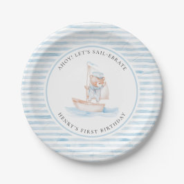 Plato De Papel Sailor Bear Blue Stripe Birthday