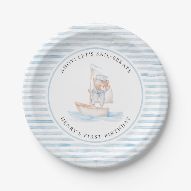 Plato De Papel Sailor Bear Blue Stripe Birthday (Anverso)