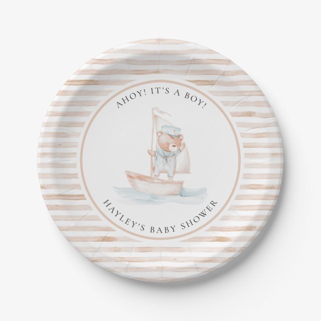 Plato De Papel Sailor Bear Tan Stripe Baby Shower (Anverso)
