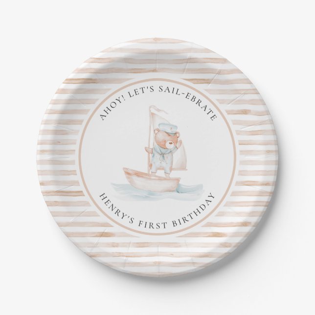 Plato De Papel Sailor Bear Tan Stripe Cumpleaños (Anverso)