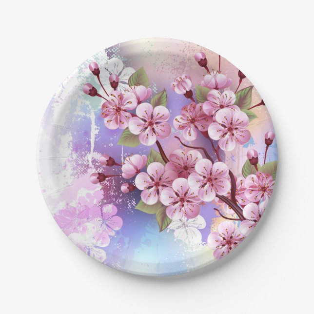 Plato De Papel Sakura rosa sobre fondo de pintura (Anverso)