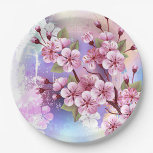 Plato De Papel Sakura rosa sobre fondo de pintura