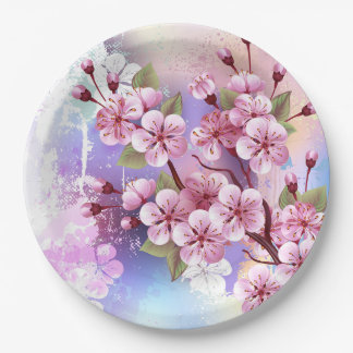 Plato De Papel Sakura rosa sobre fondo de pintura