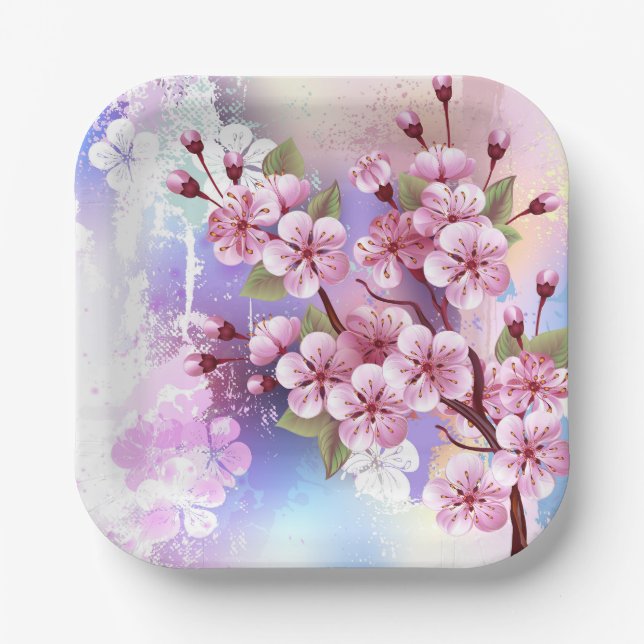 Plato De Papel Sakura rosa sobre fondo de pintura (Anverso)
