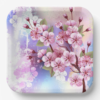 Plato De Papel Sakura rosa sobre fondo de pintura
