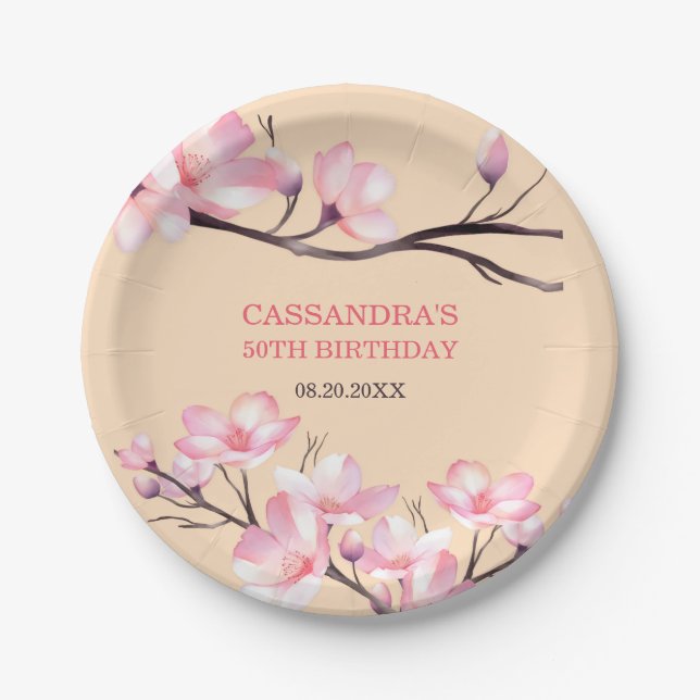 Plato De Papel Sakura Rubor Pink Cherry Blossom Cumpleaños (Anverso)