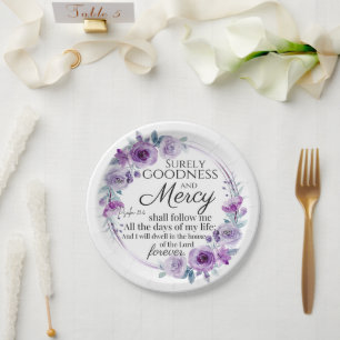 Plato De Papel Salmo 23:6 Biblia Inspiradora versus morado floral