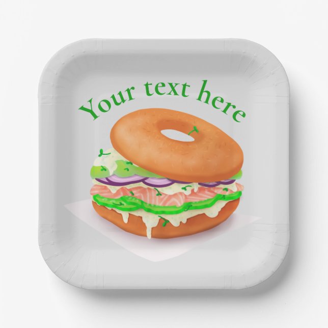 Plato De Papel Salmon Bagel personalizado  (Anverso)