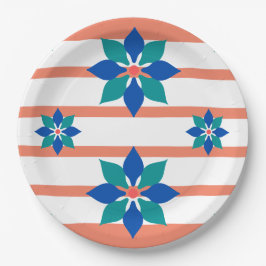 Plato De Papel Salmón Bandas rojas y blancas y flores azules
