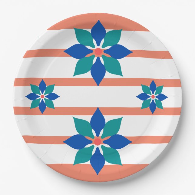 Plato De Papel Salmón Bandas rojas y blancas y flores azules (Anverso)