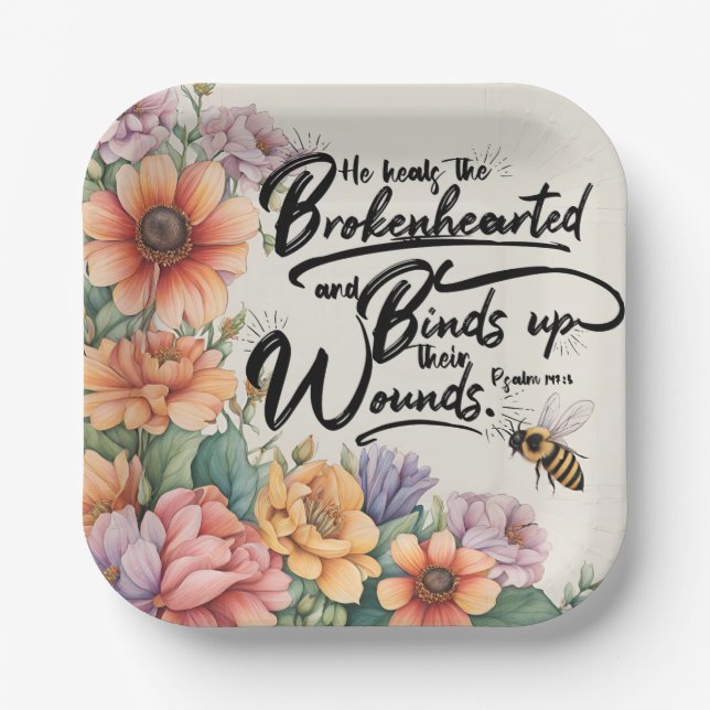 Plato De Papel Salmos 147:3 Biblia cristiana Verse Image (Anverso)