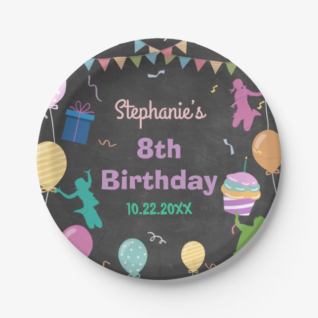 Plato De Papel Salto Cumpleaños Chalkboard Kid Trampoline Fiesta (Anverso)
