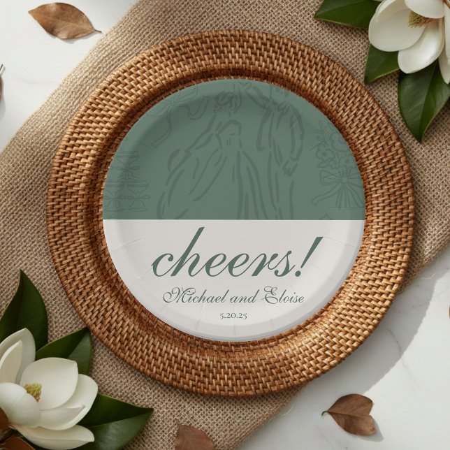Plato De Papel Salud Verde Menta Bodas Personalizadas Elegantes (Sage Green Cheers Elegant Personalized Wedding Paper Plates)