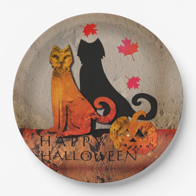 Plato De Papel Saludo de gatos de Halloween (Anverso)