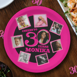 Plato De Papel Saludos 30 cumpleaños 8 foto nombre negro rosado