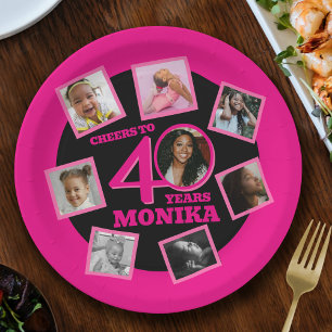 Plato De Papel Saludos 40 cumpleaños 8 foto nombre negro rosado