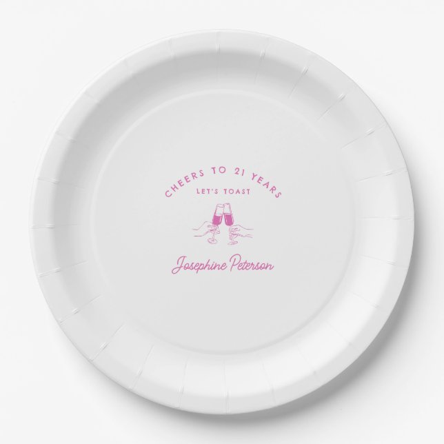 Plato De Papel Saludos a 21 años Personalizado Rosa 21 de cumplea (Anverso)