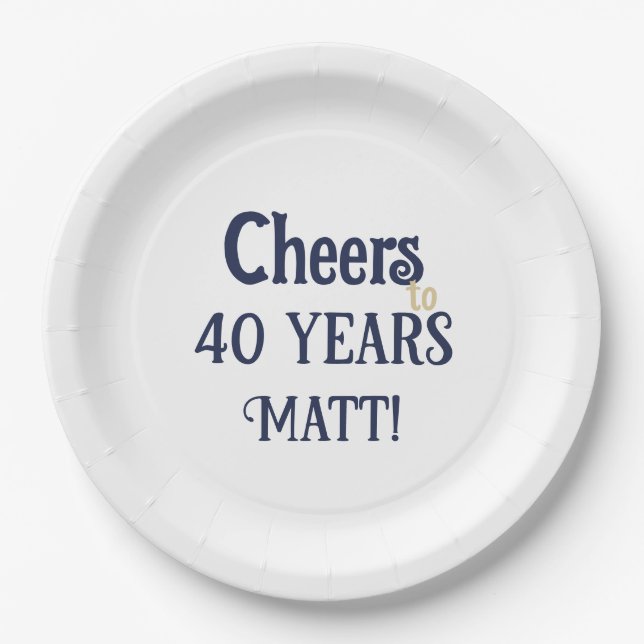 Plato De Papel Saludos a 40 años Plate azul y oro de cumpleaños (Anverso)