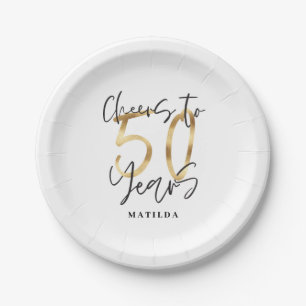 Plato De Papel Saludos a 50 años negro y dorado moderno y elegan