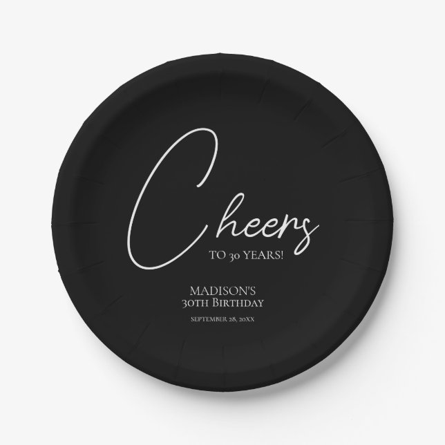 Plato De Papel Saludos a cualquier edad, cumpleaños blanco y negr (Anverso)