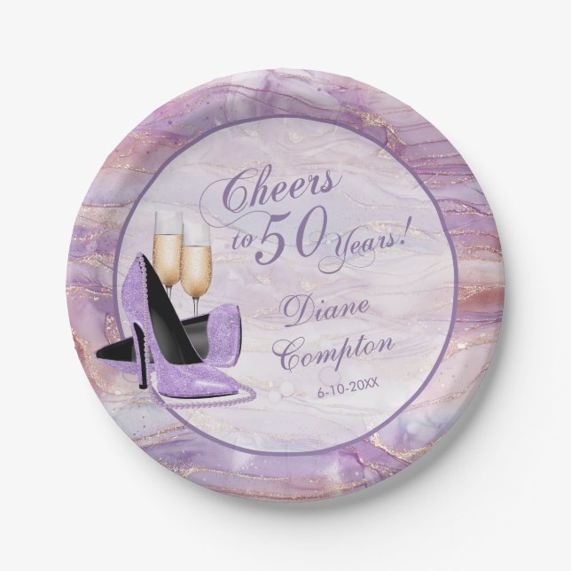 Plato De Papel Saludos a los 50 años de Lavender Gold Birthday (Anverso)