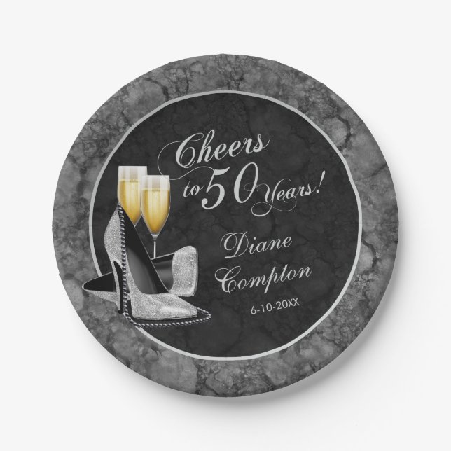 Plato De Papel Saludos a los 50 años de Silver y Black Birthday (Anverso)
