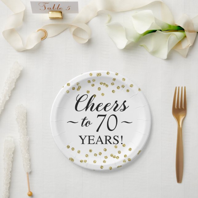 Plato De Papel Saludos al Confeti de Oro a 70 años (Boda)