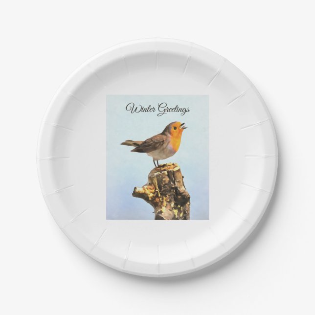 Plato De Papel Saludos de invierno. Robin cantando  (Anverso)