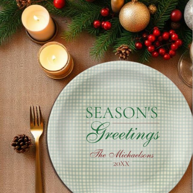 Plato De Papel Saludos de temporada a los Navidades de Gingham (Subido por el creador)