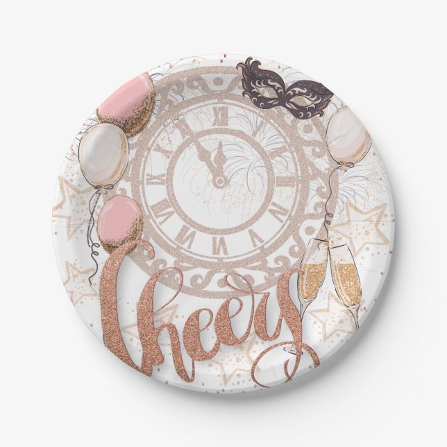 Plato De Papel Saludos Rosa Reloj con guión de oro Champagne Año  (Anverso)