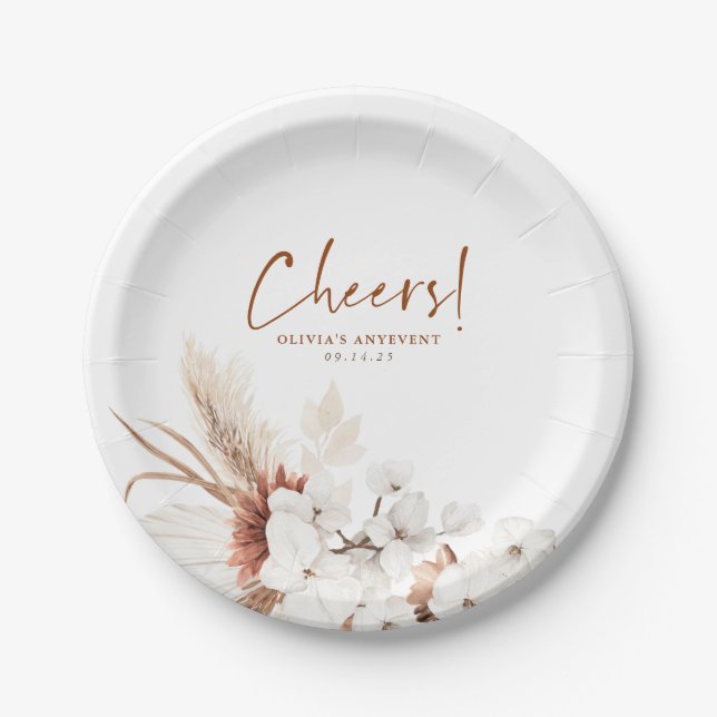 Plato De Papel Saludos Terracotta Floral Blanca Cualquier Fiesta (Anverso)