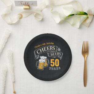 Plato De Papel Saludos Y Cervezas De Oro Negro Cualquier Cumpleañ