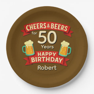 Plato De Papel Saludos y cervezas durante 50 años Feliz NOMBRE de