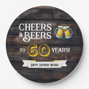 Plato De Papel Saludos y Cervezas por 60 Años Cumpleaños Rústico