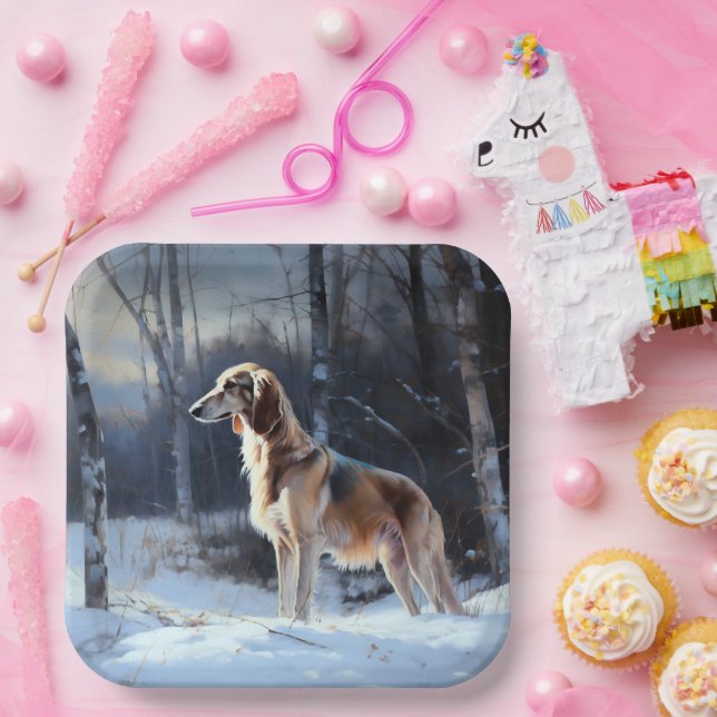 Plato De Papel Saluki Deja que nieve Navidad (Fiesta)