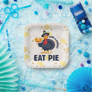 Plato De Papel Salva un pavo, come pastel, divertido y feliz Día