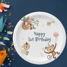 Plato De Papel Salvaje 1 cumpleaños con placa de papel zoológico 