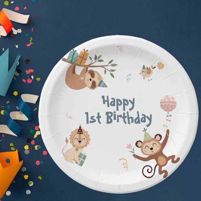 Plato De Papel Salvaje 1 cumpleaños con placa de papel zoológico  (Subido por el creador)