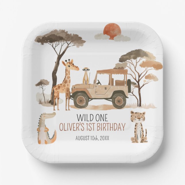 Plato De Papel Salvaje Safari de cumpleaños 1 niño (Anverso)