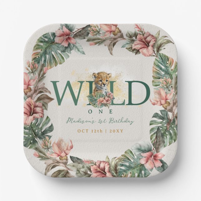 Plato De Papel Salvaje Un Animal Guepard Niño Primer Cumpleaños (Anverso)