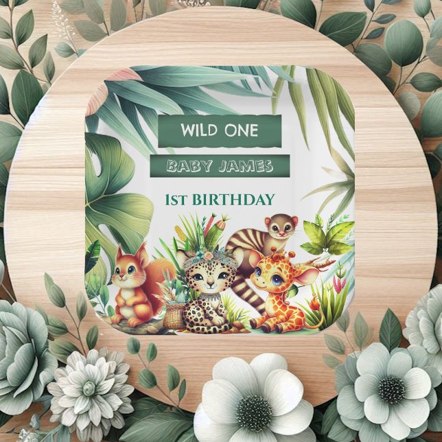 Plato De Papel Salvaje Un Cumpleaños Selva Safari Verdor Tropical (Wild One Birthday Jungle Safari Tropical Greenery Paper Plates)
