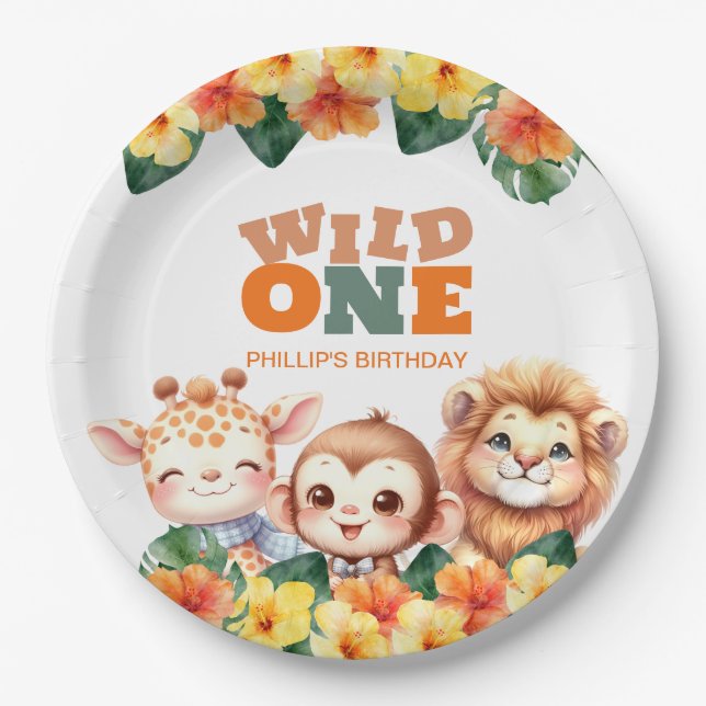Plato De Papel Salvaje Uno cumpleaños Safari León Jirafa Mono (Anverso)