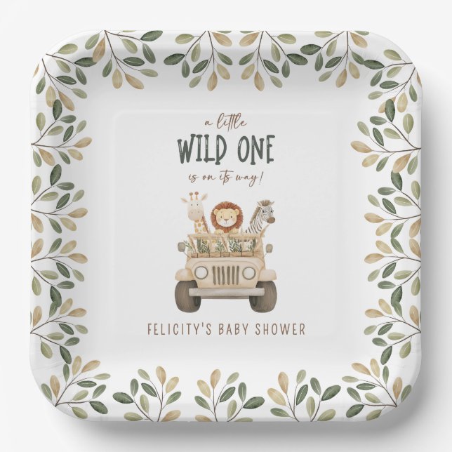 Plato De Papel Salvajes un Safari Animales Neutrales Baby Shower (Anverso)