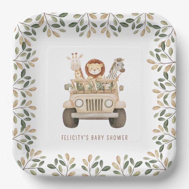 Plato De Papel Salvajes un Safari Animales Neutrales Baby Shower (Anverso)