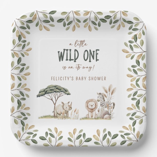 Plato De Papel Salvajes un Safari Animales Neutrales Baby Shower (Anverso)