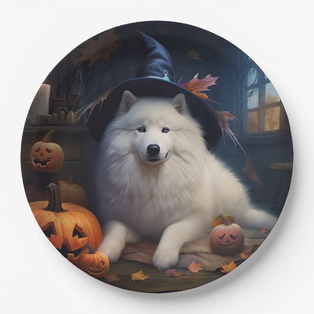 Plato De Papel Samoyed Pumpkins Halloween Scary (Anverso)