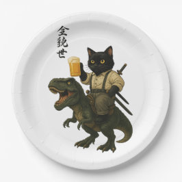 Plato De Papel Samurai Cat with Beer & T-Rex | Retro Japanese Art