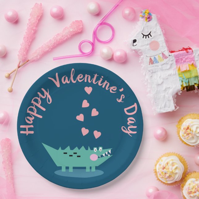 Plato De Papel San Valentín de Cocodrilo Corazones Rosa   (Fiesta)
