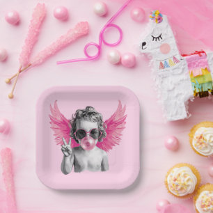 Plato De Papel San Valentín Soplando Burbuja Cupido Día de San Va